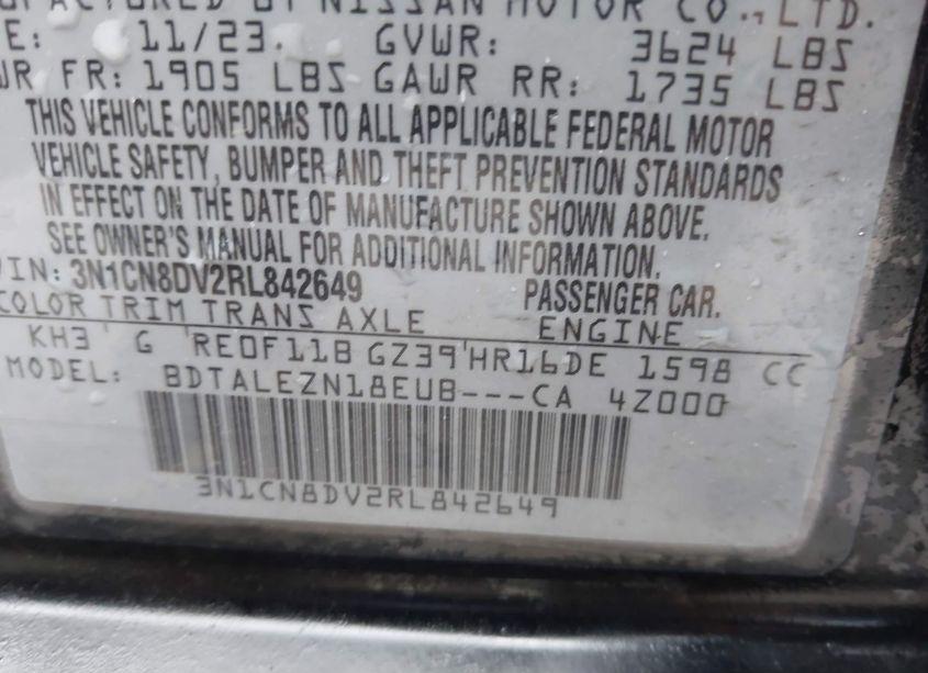 Photo 9 of 2024 Nissan Versa 1.6 S (VIN 3N1CN8DV2RL842649)