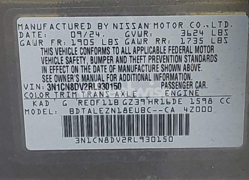 Photo 9 of 2024 Nissan Versa 1.6 S (VIN 3N1CN8DV2RL930150)