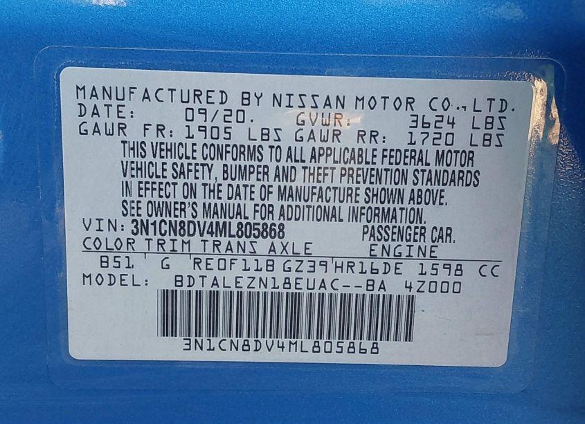 Photo 9 of 2021 Nissan Versa S XTRONIC CVT (VIN 3N1CN8DV4ML805868)