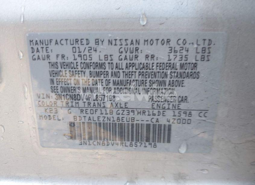 Photo 9 of 2024 Nissan Versa 1.6 S (VIN 3N1CN8DV4RL857198)