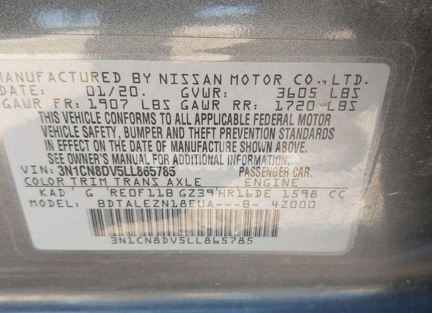 Photo 9 of 2020 Nissan Versa S XTRONIC CVT (VIN 3N1CN8DV5LL865785)