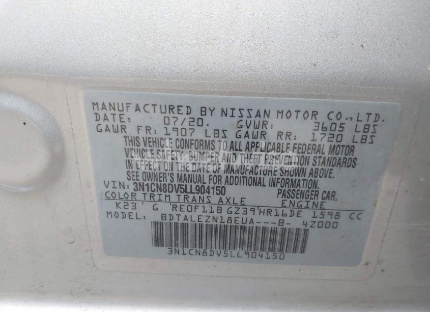 Photo 9 of 2020 Nissan Versa S XTRONIC CVT (VIN 3N1CN8DV5LL904150)
