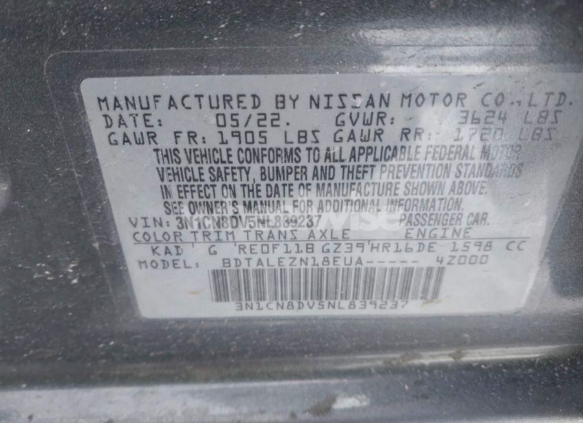 Photo 9 of 2022 Nissan Versa 1.6 S XTRONIC CVT (VIN 3N1CN8DV5NL839237)