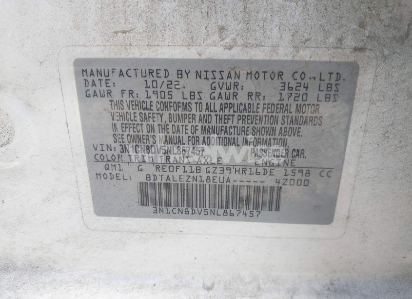 Photo 9 of 2022 Nissan Versa 1.6 S XTRONIC CVT (VIN 3N1CN8DV5NL867457)