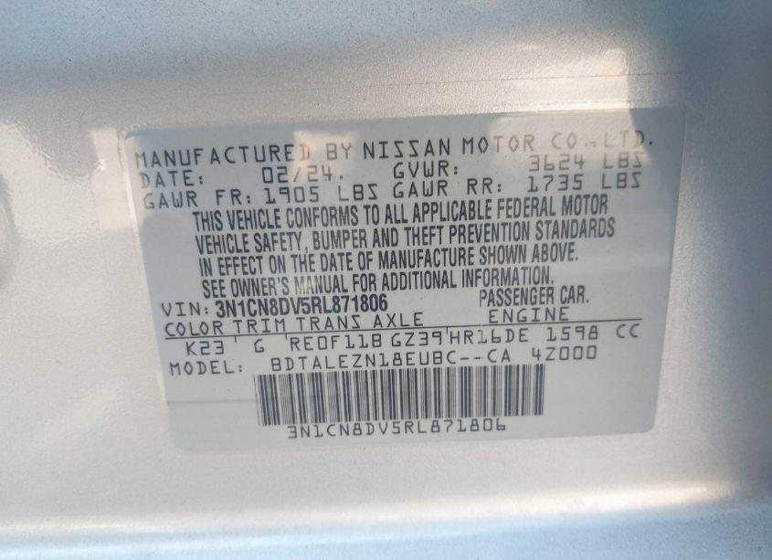 Photo 9 of 2024 Nissan Versa 1.6 S (VIN 3N1CN8DV5RL871806)