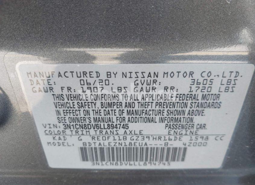 Photo 9 of 2020 Nissan Versa S XTRONIC CVT (VIN 3N1CN8DV6LL894745)