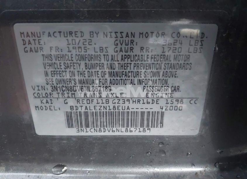 Photo 9 of 2022 Nissan Versa 1.6 S XTRONIC CVT (VIN 3N1CN8DV6NL867189)