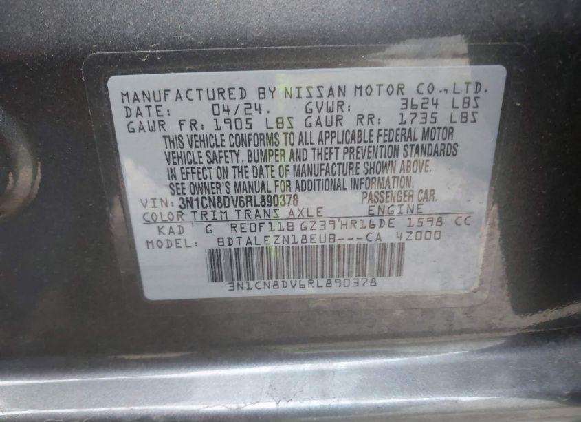 Photo 9 of 2024 Nissan Versa 1.6 S (VIN 3N1CN8DV6RL890378)