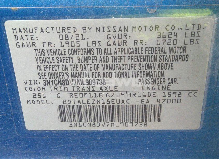 Photo 9 of 2021 Nissan Versa S XTRONIC CVT (VIN 3N1CN8DV7ML909738)