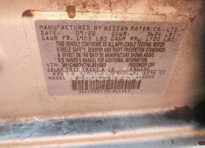 Photo 9 of 2022 Nissan Versa 1.6 S XTRONIC CVT (VIN 3N1CN8DV7NL861563)