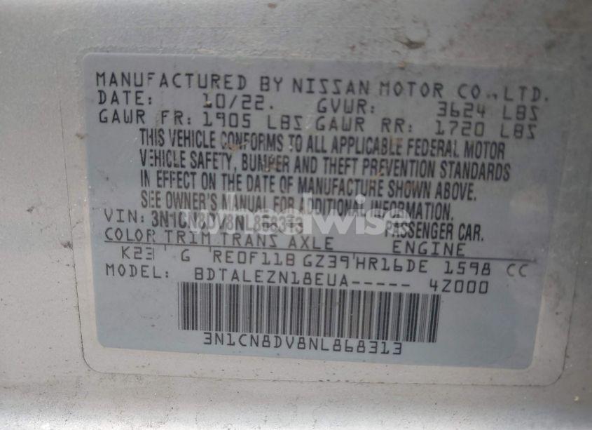 Photo 9 of 2022 Nissan Versa 1.6 S XTRONIC CVT (VIN 3N1CN8DV8NL868313)