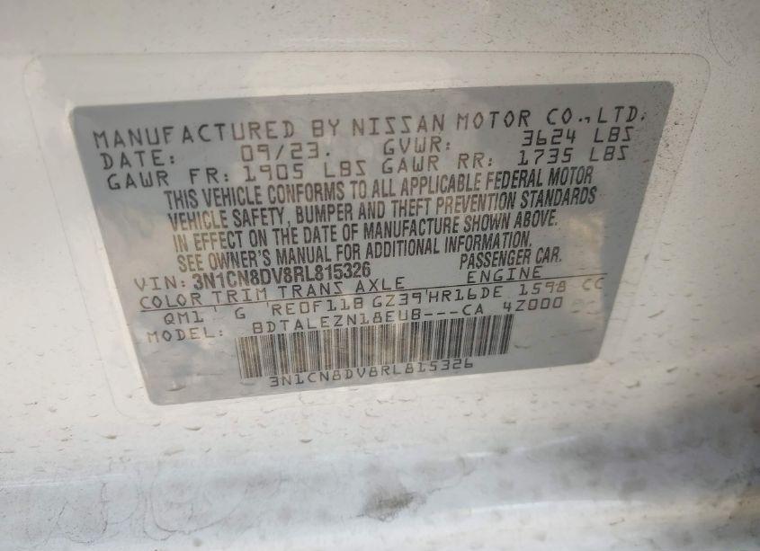 Photo 9 of 2024 Nissan Versa 1.6 S (VIN 3N1CN8DV8RL815326)