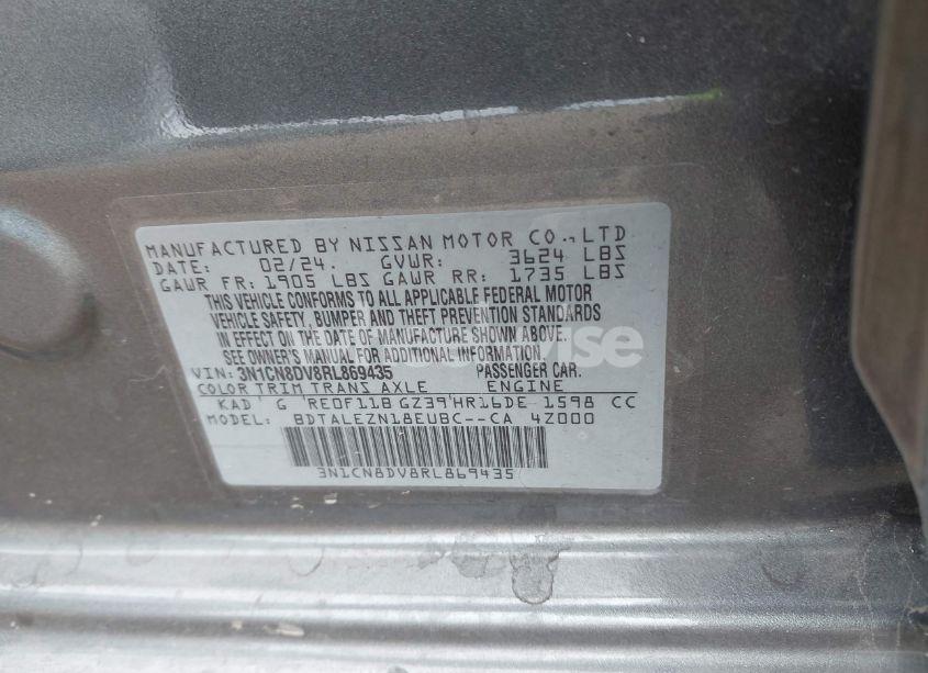 Photo 9 of 2024 Nissan Versa 1.6 S (VIN 3N1CN8DV8RL869435)