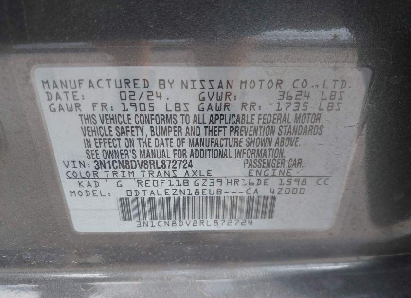 Photo 9 of 2024 Nissan Versa 1.6 S (VIN 3N1CN8DV8RL872724)