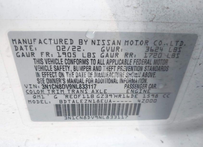 Photo 9 of 2022 Nissan Versa 1.6 S XTRONIC CVT (VIN 3N1CN8DV9NL833117)