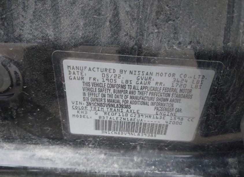 Photo 9 of 2022 Nissan Versa 1.6 S XTRONIC CVT (VIN 3N1CN8DV9NL839385)