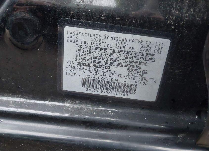 Photo 9 of 2022 Nissan Versa 1.6 S XTRONIC CVT (VIN 3N1CN8DV9NL867123)