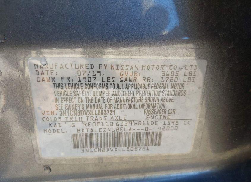 Photo 9 of 2020 Nissan Versa S XTRONIC CVT (VIN 3N1CN8DVXLL803721)