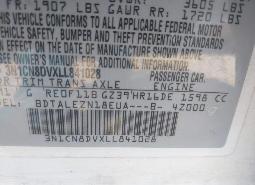 Photo 9 of 2020 Nissan Versa S XTRONIC CVT (VIN 3N1CN8DVXLL841028)