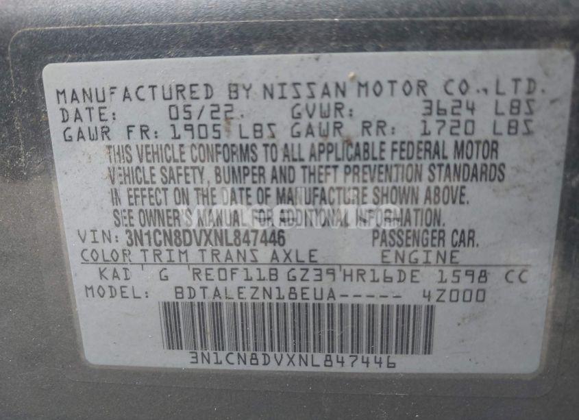 Photo 9 of 2022 Nissan Versa 1.6 S XTRONIC CVT (VIN 3N1CN8DVXNL847446)