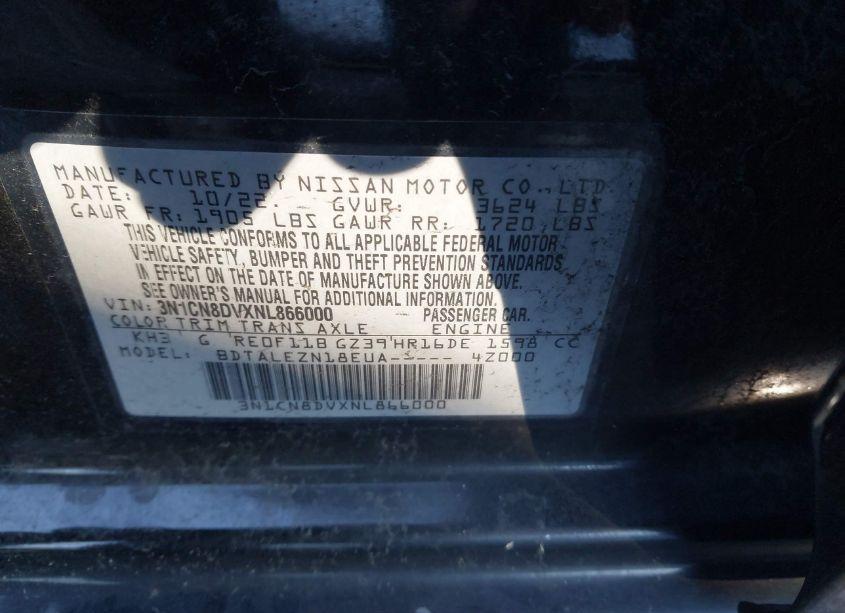 Photo 9 of 2022 Nissan Versa 1.6 S XTRONIC CVT (VIN 3N1CN8DVXNL866000)