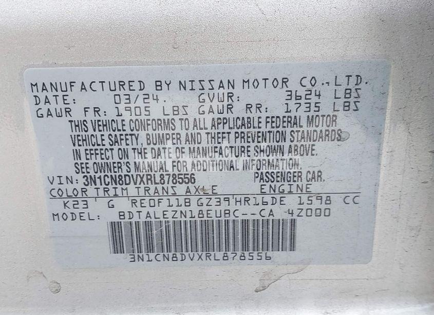 Photo 9 of 2024 Nissan Versa 1.6 S (VIN 3N1CN8DVXRL878556)