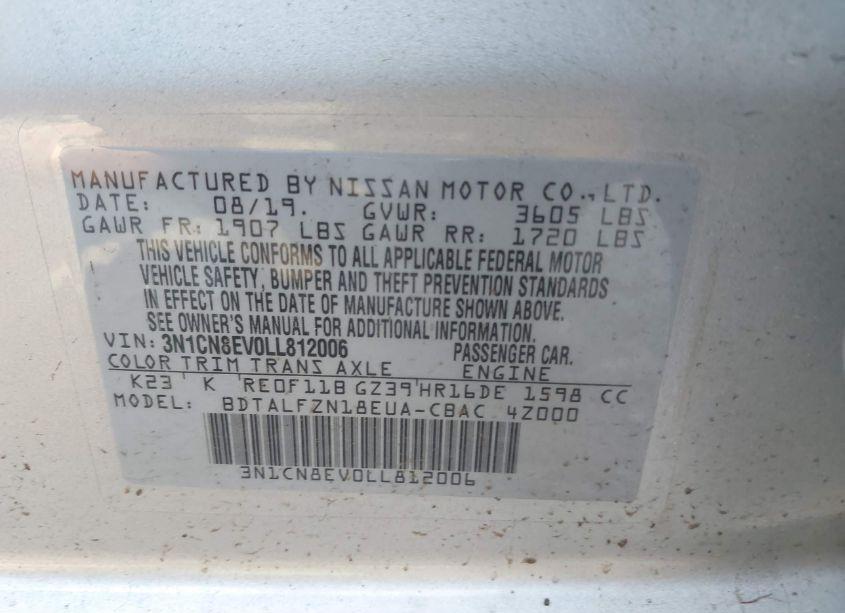 Photo 9 of 2020 Nissan Versa SV XTRONIC CVT (VIN 3N1CN8EV0LL812006)