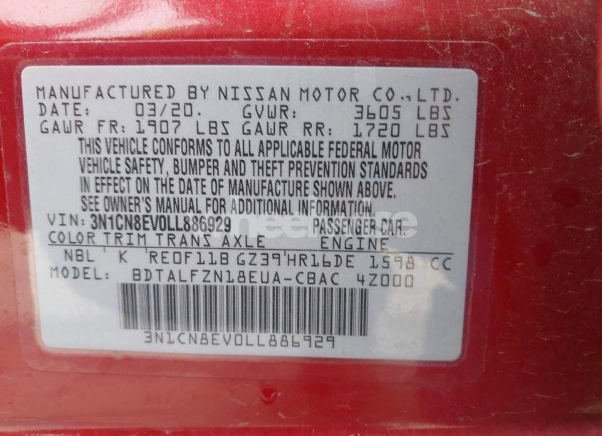 Photo 9 of 2020 Nissan Versa SV XTRONIC CVT (VIN 3N1CN8EV0LL886929)