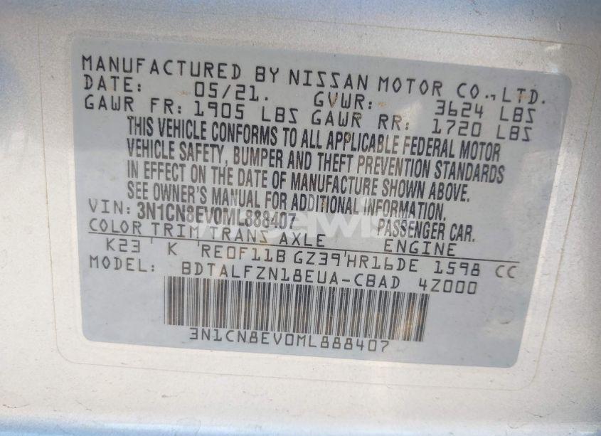 Photo 9 of 2021 Nissan Versa SV XTRONIC CVT (VIN 3N1CN8EV0ML888407)