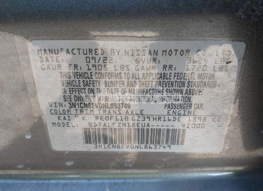 Photo 9 of 2022 Nissan Versa 1.6 SV XTRONIC CVT (VIN 3N1CN8EV0NL863749)