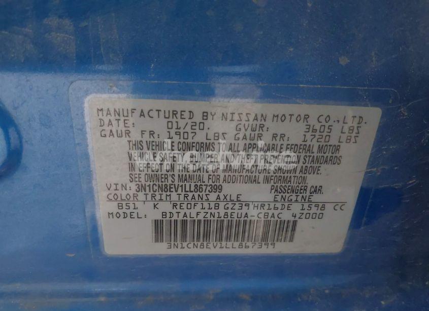 Photo 9 of 2020 Nissan Versa SV XTRONIC CVT (VIN 3N1CN8EV1LL867399)