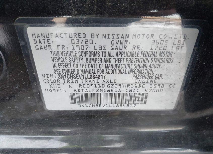 Photo 9 of 2020 Nissan Versa SV XTRONIC CVT (VIN 3N1CN8EV1LL884817)