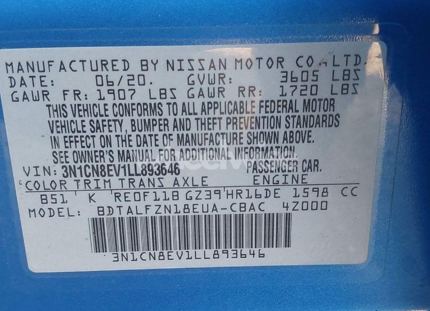 Photo 9 of 2020 Nissan Versa SV XTRONIC CVT (VIN 3N1CN8EV1LL893646)