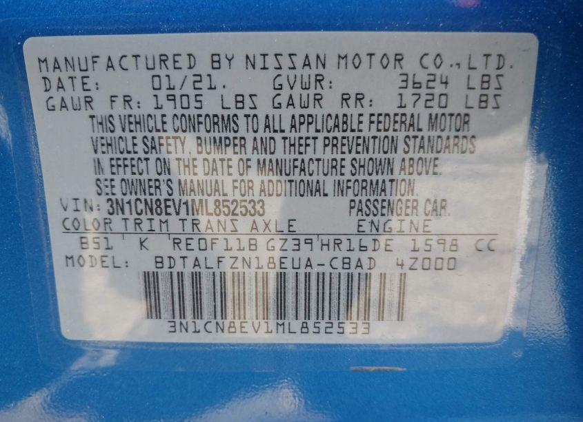 Photo 9 of 2021 Nissan Versa SV XTRONIC CVT (VIN 3N1CN8EV1ML852533)