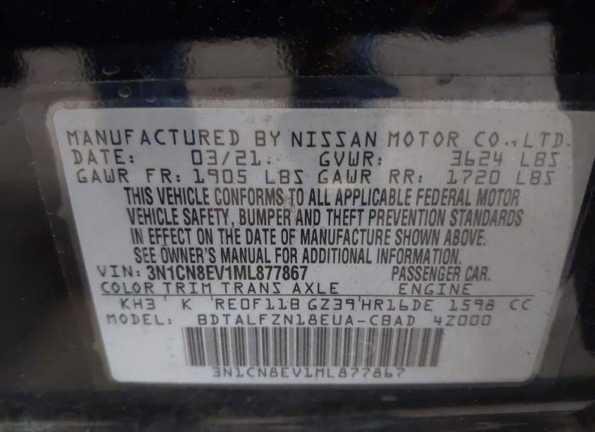 Photo 9 of 2021 Nissan Versa SV XTRONIC CVT (VIN 3N1CN8EV1ML877867)