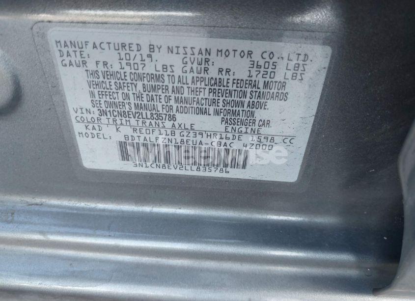 Photo 9 of 2020 Nissan Versa SV XTRONIC CVT (VIN 3N1CN8EV2LL835786)