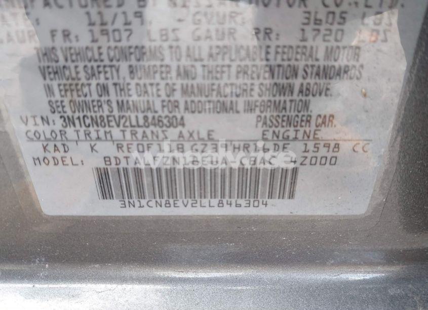 Photo 9 of 2020 Nissan Versa SV XTRONIC CVT (VIN 3N1CN8EV2LL846304)