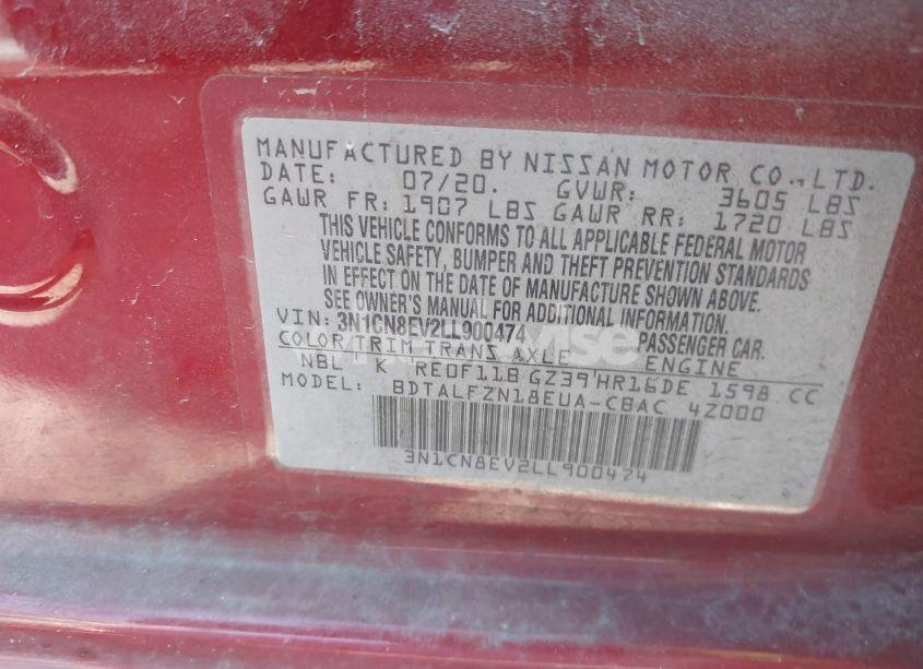 Photo 9 of 2020 Nissan Versa SV XTRONIC CVT (VIN 3N1CN8EV2LL900474)