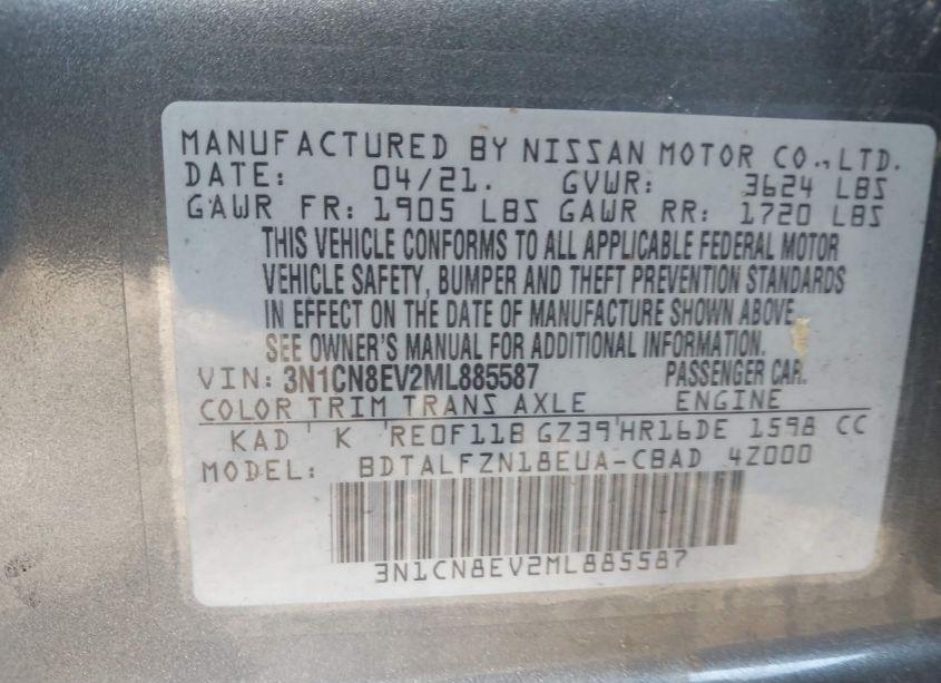 Photo 9 of 2021 Nissan Versa SV XTRONIC CVT (VIN 3N1CN8EV2ML885587)