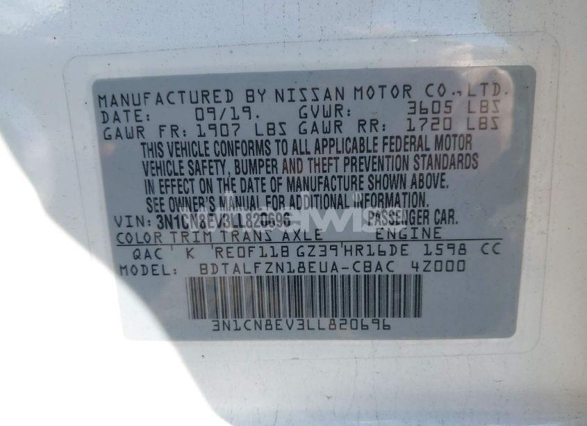 Photo 9 of 2020 Nissan Versa SV XTRONIC CVT (VIN 3N1CN8EV3LL820696)