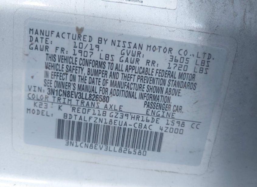 Photo 9 of 2020 Nissan Versa SV XTRONIC CVT (VIN 3N1CN8EV3LL826580)