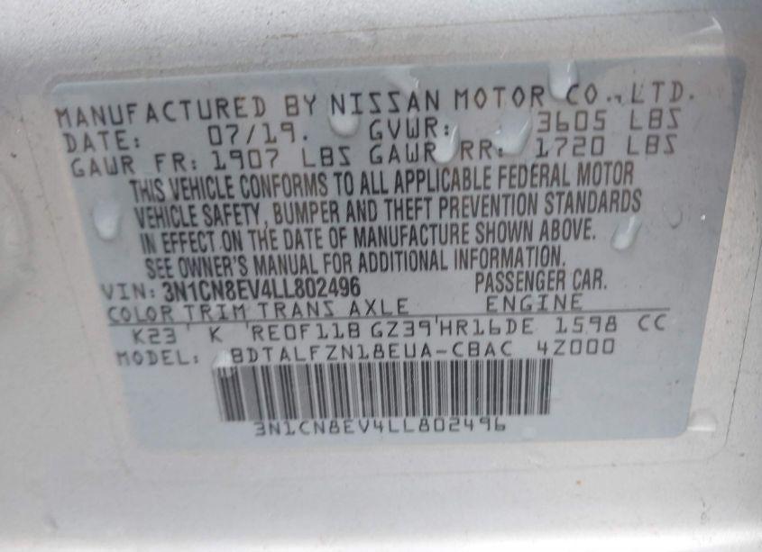Photo 9 of 2020 Nissan Versa SV XTRONIC CVT (VIN 3N1CN8EV4LL802496)