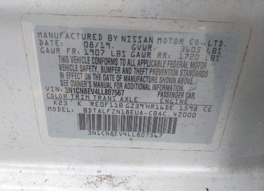 Photo 9 of 2020 Nissan Versa SV XTRONIC CVT (VIN 3N1CN8EV4LL807567)