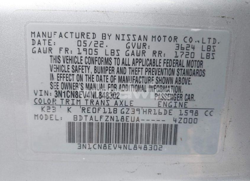 Photo 9 of 2022 Nissan Versa 1.6 SV XTRONIC CVT (VIN 3N1CN8EV4NL848302)