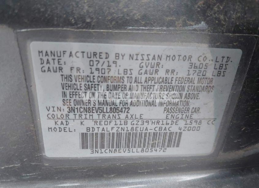 Photo 9 of 2020 Nissan Versa SV XTRONIC CVT (VIN 3N1CN8EV5LL805472)