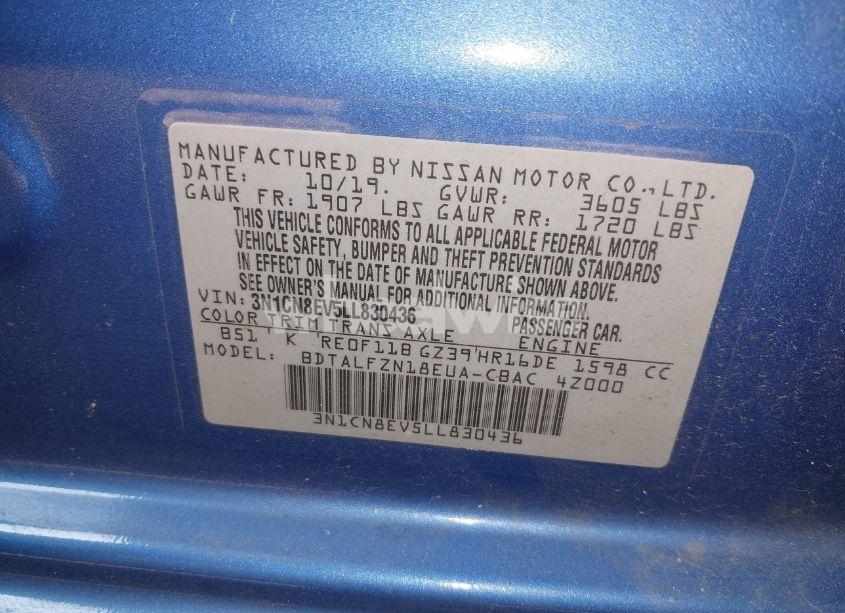 Photo 9 of 2020 Nissan Versa SV XTRONIC CVT (VIN 3N1CN8EV5LL830436)