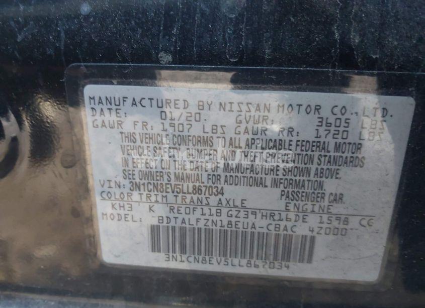 Photo 9 of 2020 Nissan Versa SV XTRONIC CVT (VIN 3N1CN8EV5LL867034)