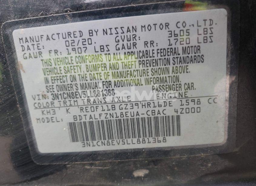 Photo 9 of 2020 Nissan Versa SV XTRONIC CVT (VIN 3N1CN8EV5LL881368)