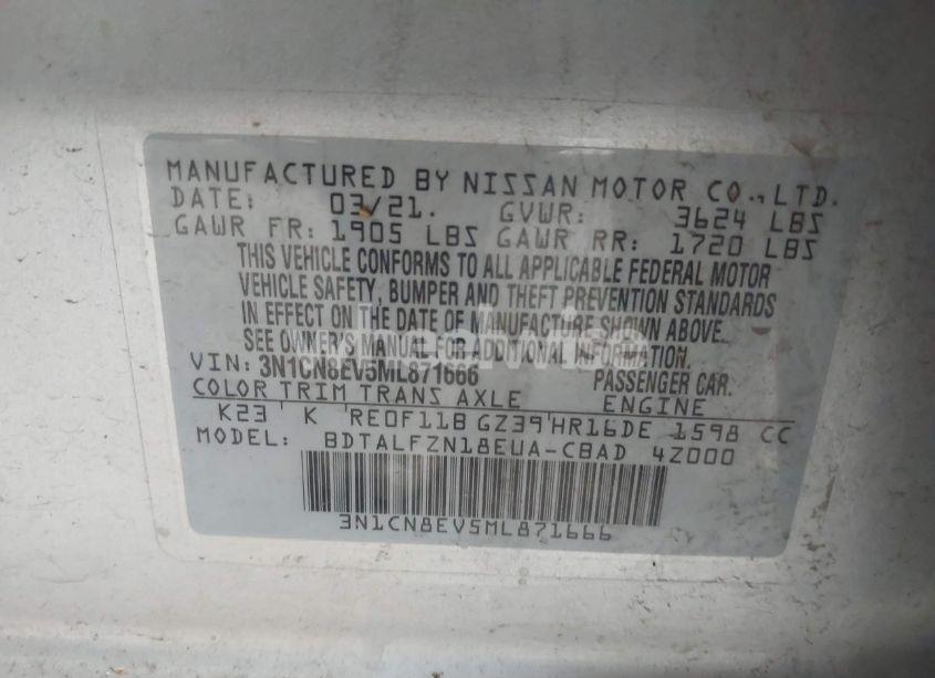 Photo 9 of 2021 Nissan Versa SV XTRONIC CVT (VIN 3N1CN8EV5ML871666)