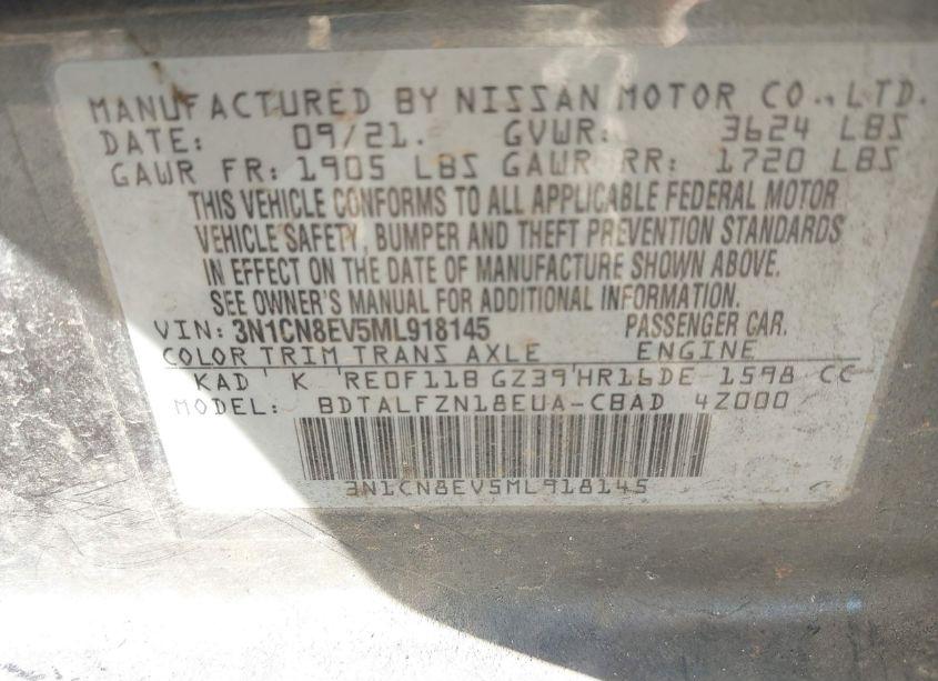 Photo 9 of 2021 Nissan Versa SV XTRONIC CVT (VIN 3N1CN8EV5ML918145)